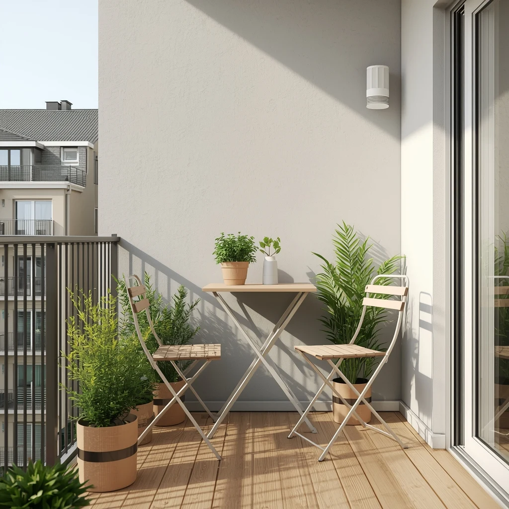 mesa dobrável com cadeiras compactas em varanda pequena de apartamento