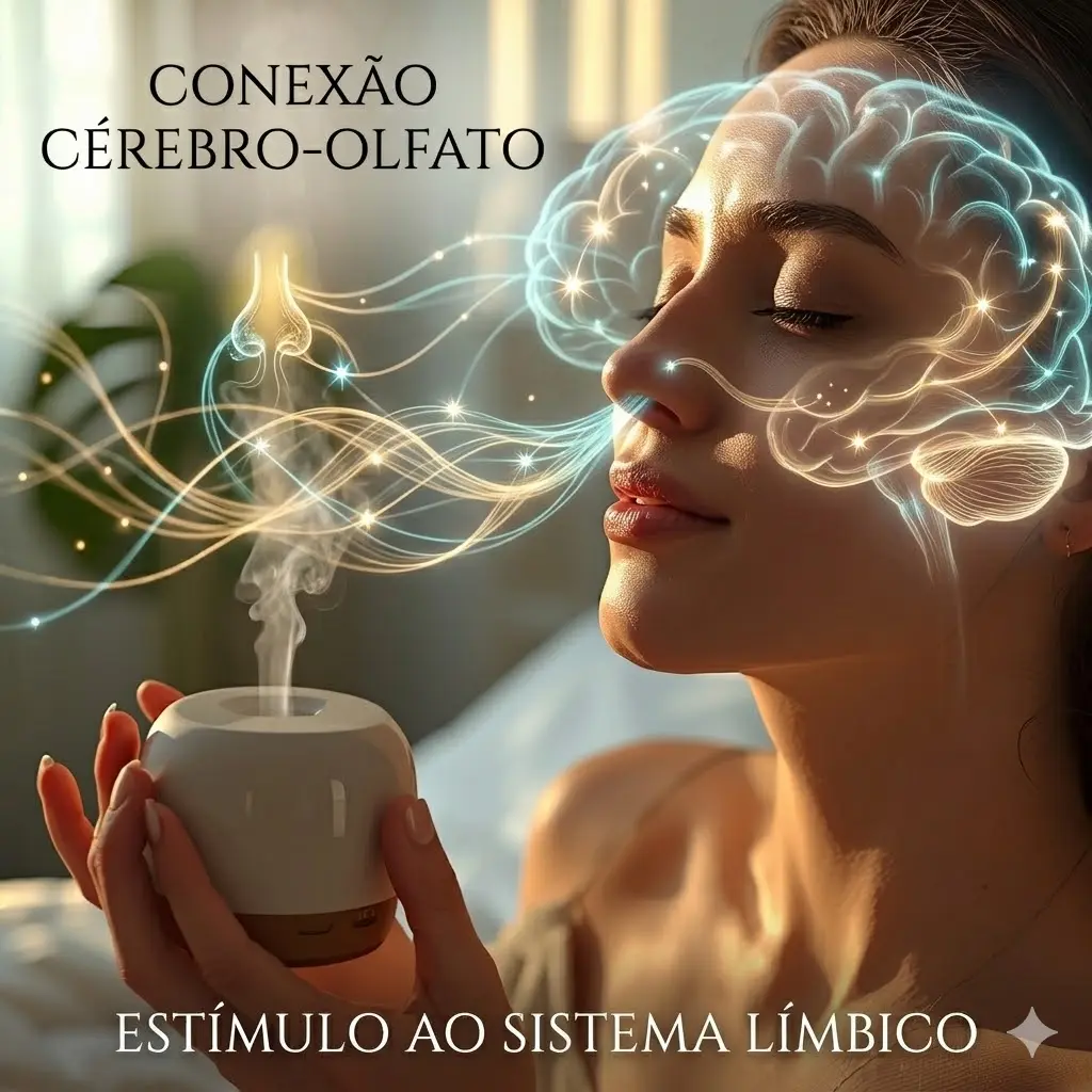 Close-up de uma mulher com olhos fechados e expressão serena, inalando o vapor de um difusor de aroma. Uma trilha de luz dourada sai do vapor para o nariz e um cérebro iluminado é visível ao fundo, ilustrando a neurociência do olfato e o estímulo ao sistema límbico.