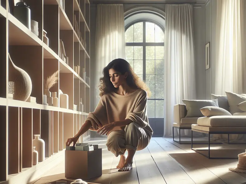 Uma mulher com expressão serena e focada está ajoelhada no chão de madeira clara de uma sala de estar ampla e bem iluminada por luz natural. Ela está organizando uma caixa de armazenamento aberta. Atrás dela, uma grande estante de madeira, repleta de livros organizados e objetos de decoração em tons neutros, ilustra um ambiente harmônico. O sol entra por uma janela ao fundo, criando uma atmosfera de calma e clareza. A imagem simboliza a prática da neuroplasticidade e a formação de hábitos saudáveis através da organização do lar.