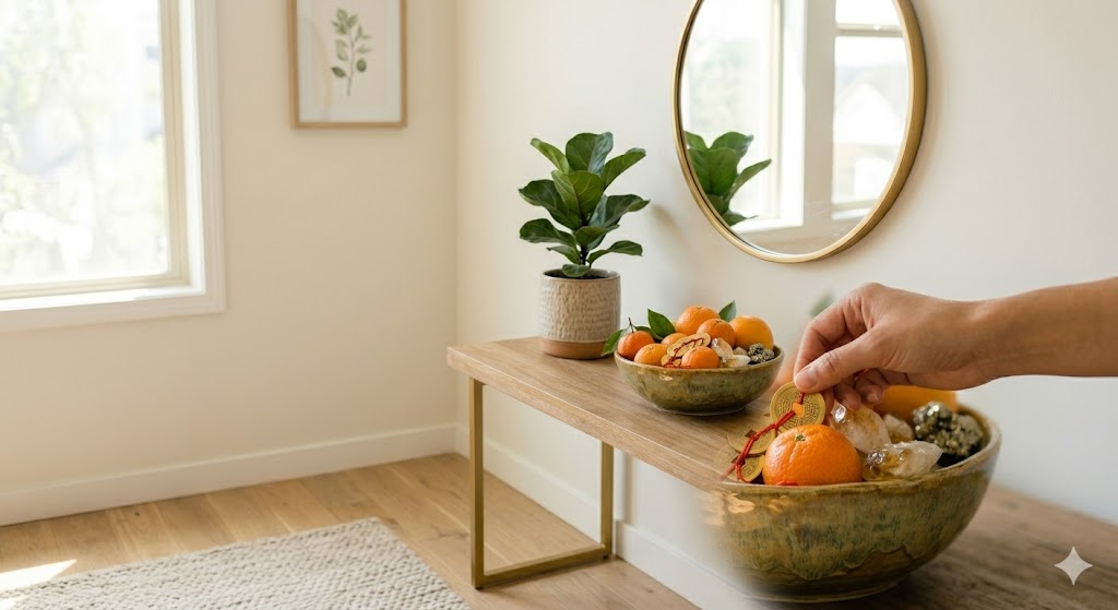 Uma vista de um canto de sala decorado de forma minimalista. Uma tigela de cerâmica artesanal está no centro de um aparador de madeira clara. A mão de uma mulher está suavemente ajustando uma das moedas douradas dentro da tigela. O ambiente é iluminado por luz natural vinda de uma janela à esquerda. Há uma planta verde saudável ao fundo e uma parede creme limpa, sem bagunça.