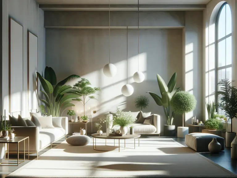 Sala iluminada com diversas plantas naturais organizadas segundo princípios do Feng Shui, criando um ambiente equilibrado e acolhedor