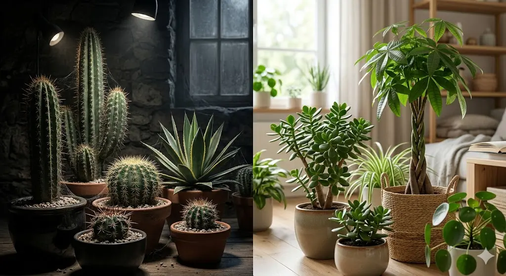 comparação entre plantas com espinhos como cactos e plantas da fortuna como jade e pachira aquatica no feng shui