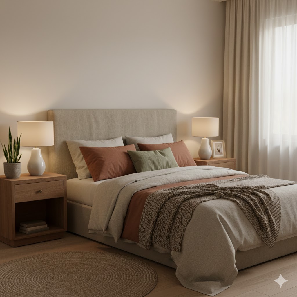 Quarto organizado e acolhedor, com cores suaves e iluminação indireta, favorecendo o descanso, o equilíbrio emocional e a energia Yin no Feng Shui.