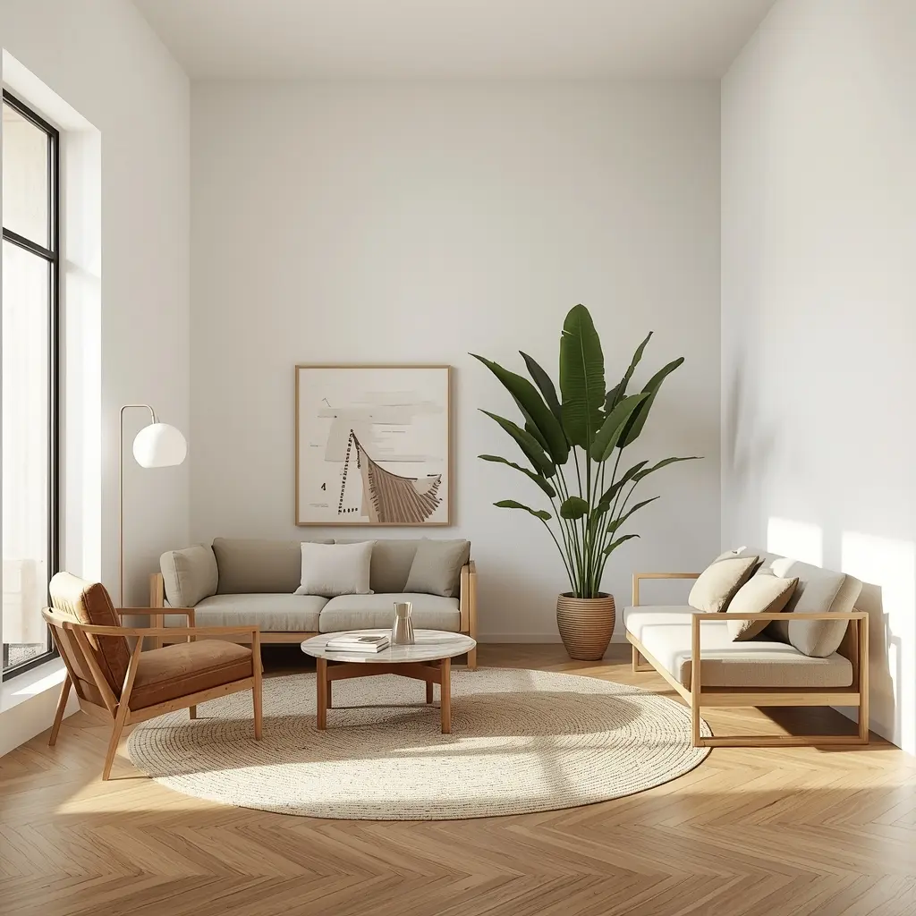 Uma sala de estar ampla e iluminada seguindo os princípios da neuroarquitetura. Paredes brancas limpas com um quadro minimalista centralizado. Móveis de madeira clara com estofamento em tons de bege e cinza, incluindo dois sofás e uma poltrona de couro marrom. No centro, uma mesa redonda de mármore sobre um tapete circular de fibra natural. Uma grande planta de folhas largas (Strelitzia) em um vaso de cerâmica traz o elemento biofílico. O chão de madeira em padrão espinha de peixe reflete a luz natural que entra pela grande janela lateral. O ambiente transmite serenidade, ordem e conforto térmico-visual.