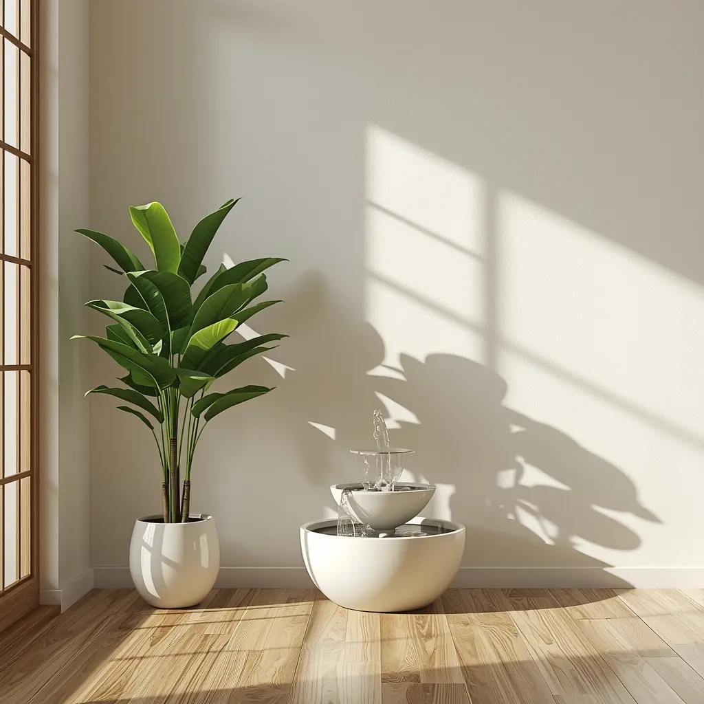 setor da riqueza feng shui sudeste ativado com planta e fonte