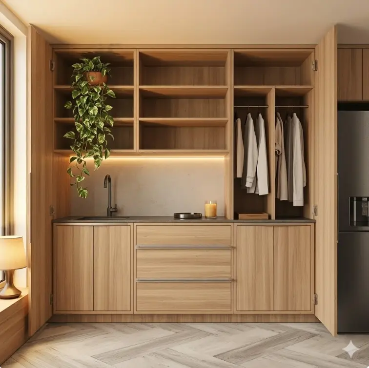 Armário planejado com divisórias inteligentes e prateleiras abertas, exemplificando sistemas de organização doméstica para reduzir o estresse.