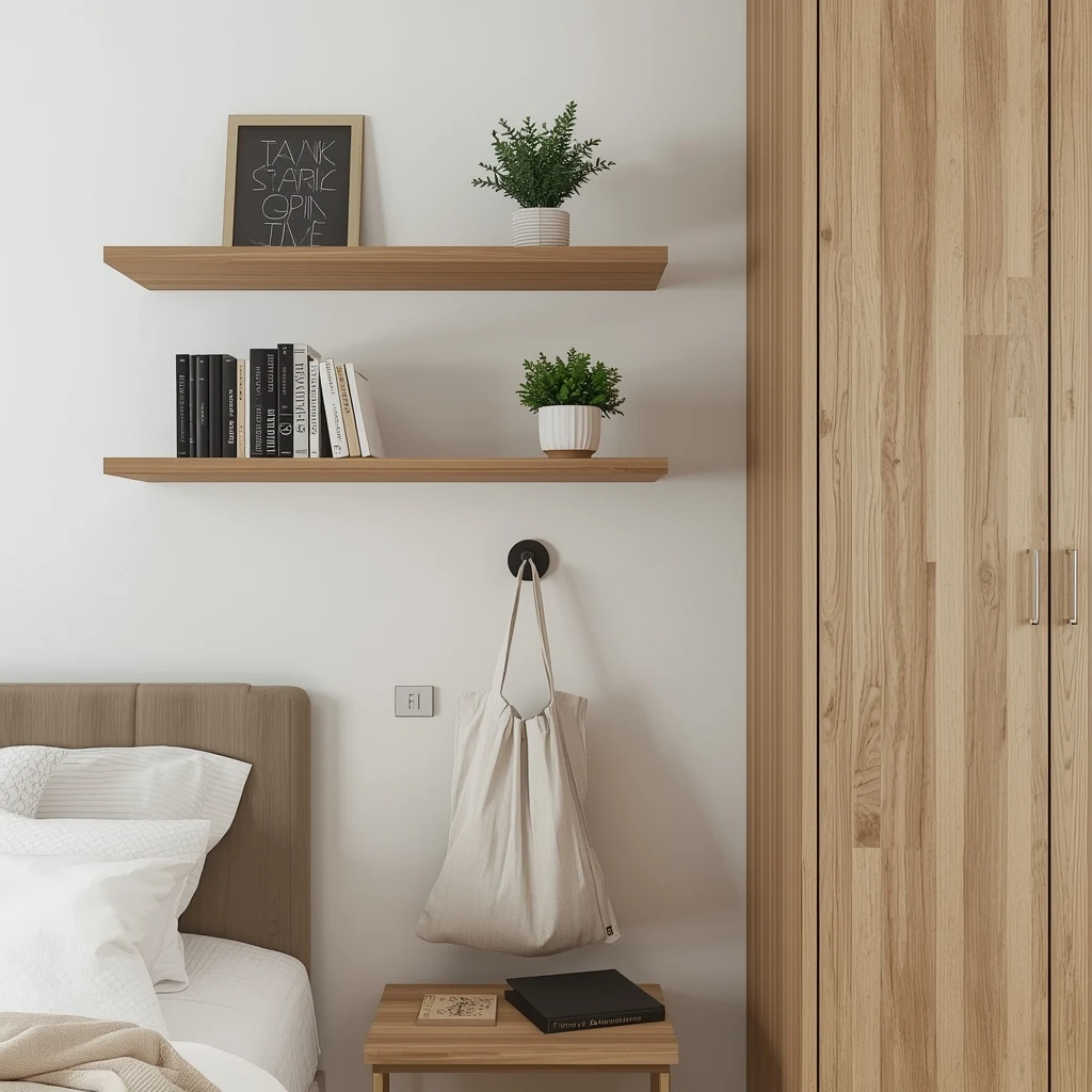 Visão detalhada de uma parede de quarto com prateleiras flutuantes de madeira clara, nichos e ganchos de parede minimalistas com bolsas e roupas penduradas. O ambiente é clean e organizado