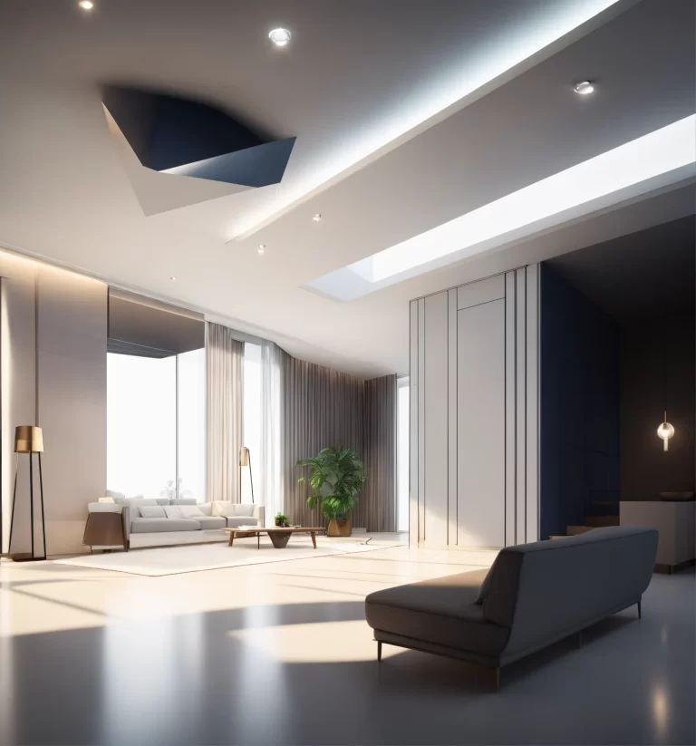 Vista panorâmica de uma sala de estar com sofá preto, janelas amplas e teto com design moderno, unindo elegância e Feng Shui.