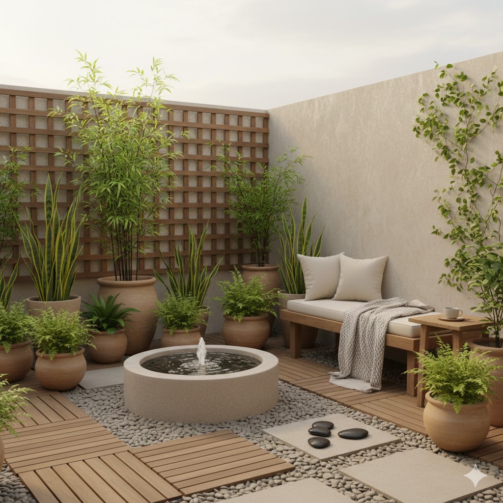 Varanda integrada à natureza, com plantas e luz natural, favorecendo o fluxo do Chi e o equilíbrio energético segundo o Feng Shui.