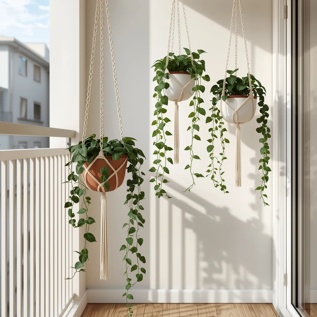 vasos suspensos com plantas pendentes criando leveza e profundidade em apartamento pequeno