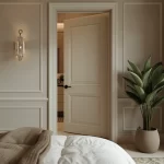 Quarto harmonizado com decoração minimalista seguindo o Feng Shui, contendo um cristal multifacetado pendurado na porta do banheiro para proteção energética e uma planta Zamioculca em um suporte de madeira ao lado da cama