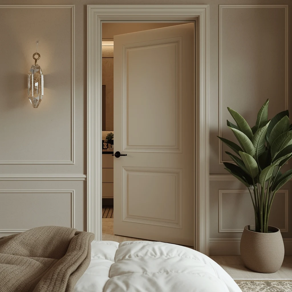 Quarto harmonizado com decoração minimalista seguindo o Feng Shui, contendo um cristal multifacetado pendurado na porta do banheiro para proteção energética e uma planta Zamioculca em um suporte de madeira ao lado da cama