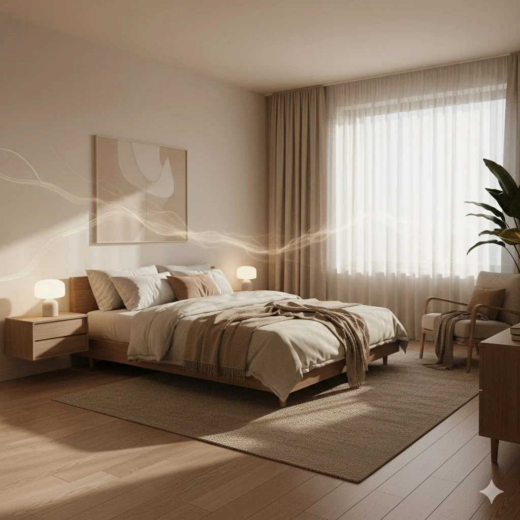 Quarto aconchegante com iluminação suave e layout equilibrado, promovendo conforto emocional e relaxamento.