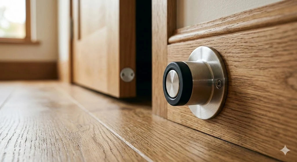 Close-up de um prendedor de porta magnético prateado com anel de borracha preto, instalado em um rodapé de madeira clara.