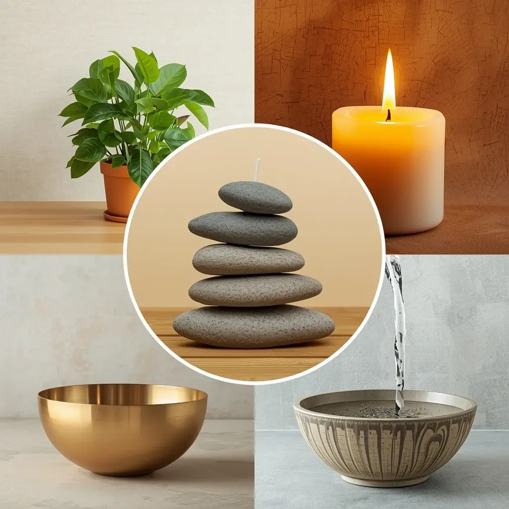 Colagem minimalista representando os cinco elementos do Feng Shui: madeira (planta), fogo (vela), terra (pedras zen), metal (bowl dourado) e água (fluxo de água).