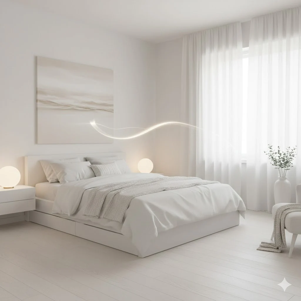 Quarto minimalista e claro, com atmosfera de silêncio e descanso, reduzindo estímulos visuais excessivos.