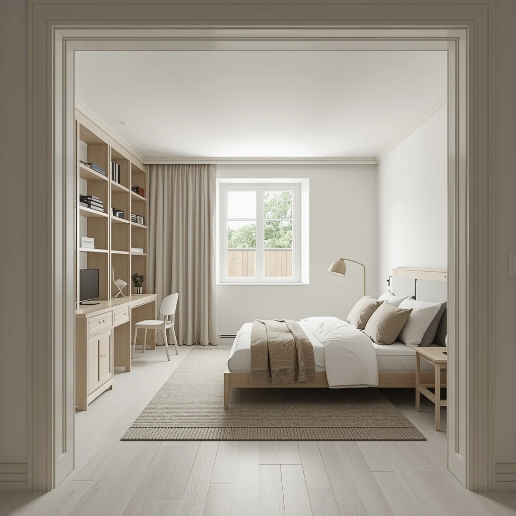 Quarto pequeno organizado e minimalista com circulação livre ao redor da cama, mostrando o efeito do destralhe no espaço.