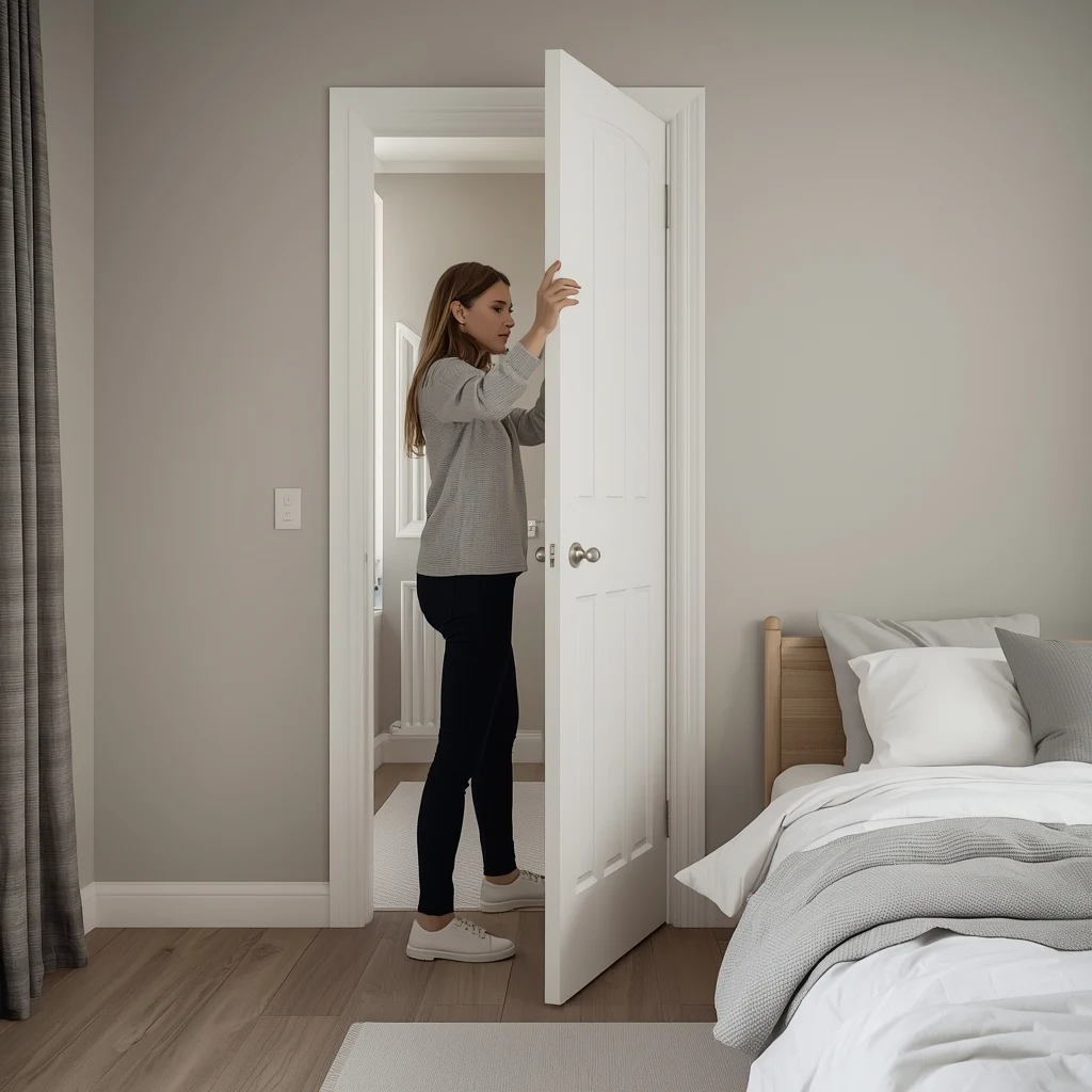 Pessoa reposicionando a cama em quarto pequeno para permitir que a porta do banheiro abra sem bater no móvel.