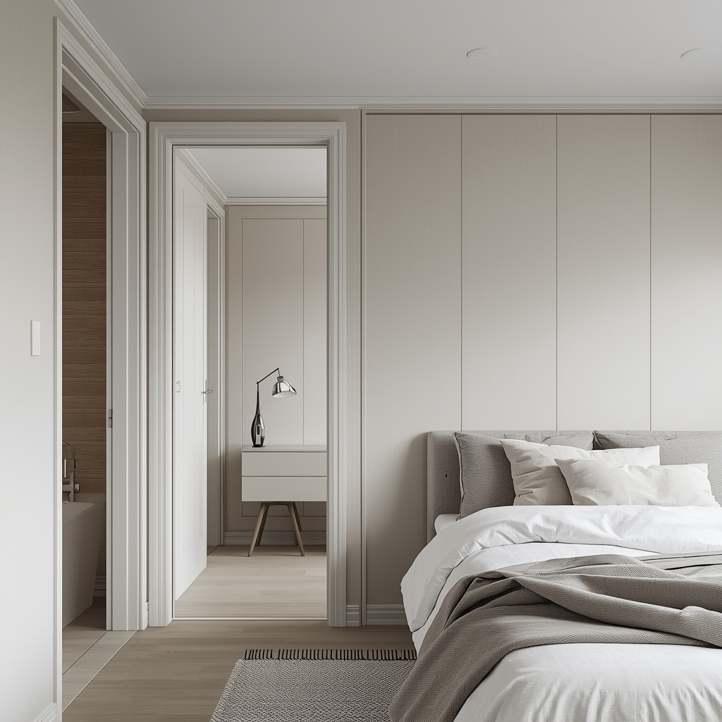 Quarto pequeno com porta de correr do banheiro que desliza pela parede, liberando espaço ao lado da cama.