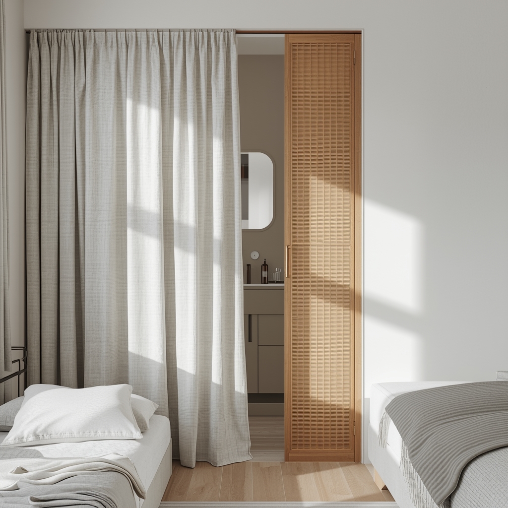 Quarto pequeno com cortina de linho ou painel leve separando o banheiro, criando divisão suave e economizando espaço.