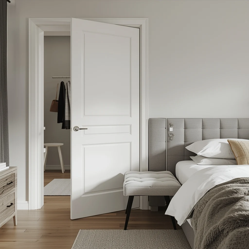 Banco estofado colocado entre a porta do banheiro e a cama para evitar que a porta bata no móvel em quarto pequeno.