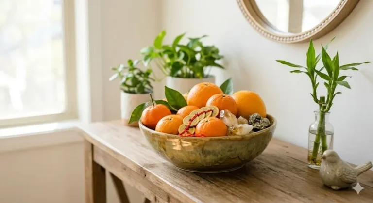 Tigela da prosperidade no Feng Shui com laranjas e cristais para atrair abundância na entrada da casa.