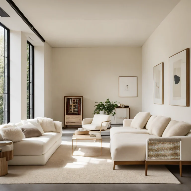 Ambiente acolhedor com sofá, poltrona, plantas e tons claros inspirado em Feng Shui para casa equilibrada