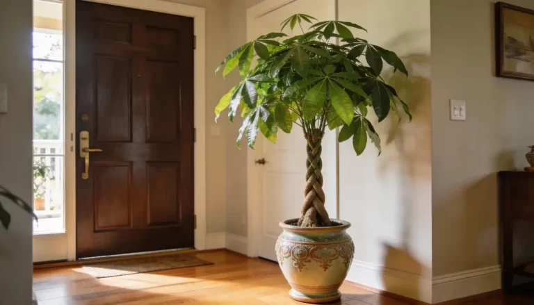 Uma Árvore-da-Fortuna em um vaso decorativo de cerâmica, posicionada no hall de entrada ao lado de uma porta de madeira escura. A luz solar entra pela porta, iluminando a planta e o piso de madeira.
