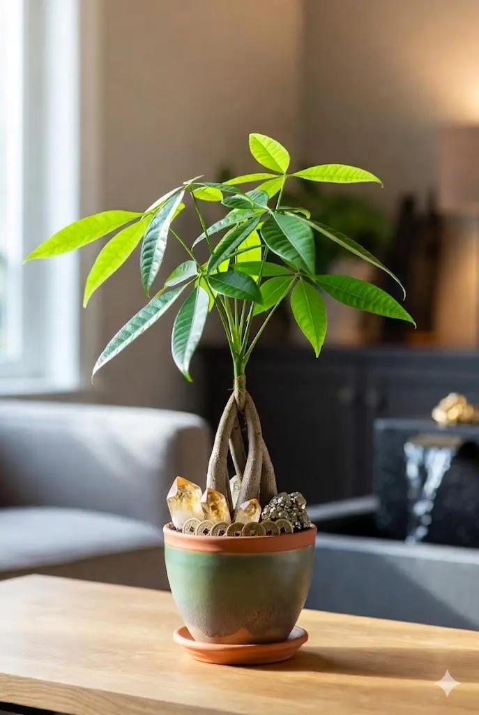 Árvore-da-Fortuna (Pachira aquatica) com tronco trançado em um vaso de cerâmica verde e terracota, posicionada em uma sala iluminada com uma fonte ao fundo.
