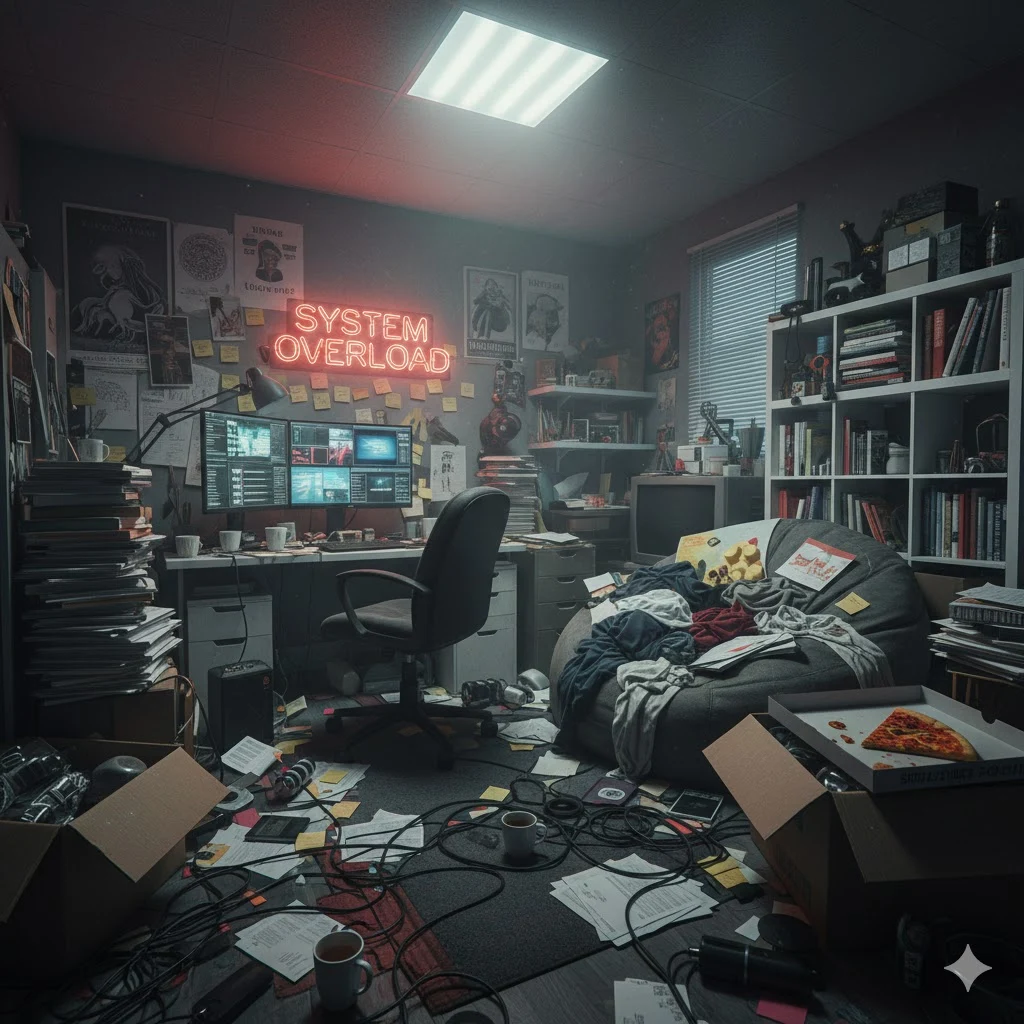 ambiente desorganizado representando sobrecarga cognitiva causada pela bagunça na casa