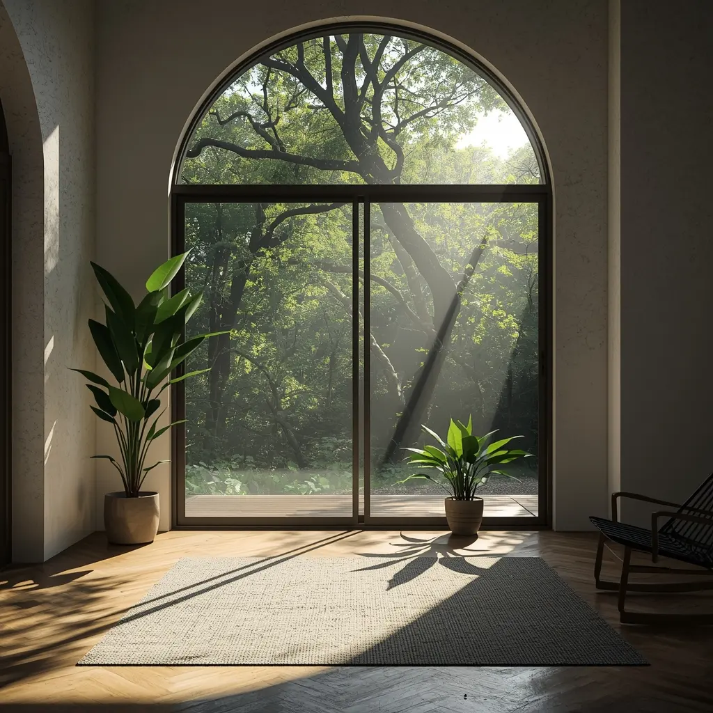 Canto de sala com janela grande, luz solar e plantas verdes no parapeito.