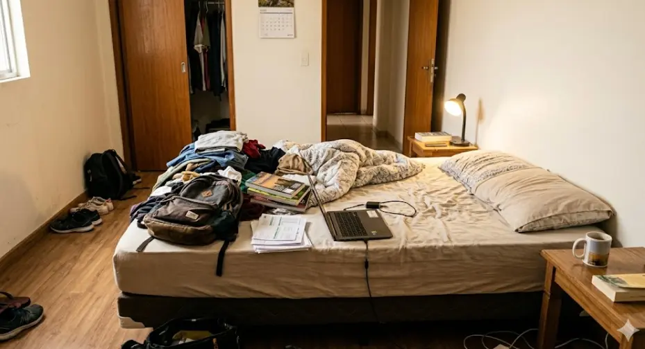 Quarto com cama de casal encostada lateralmente na parede, simbolizando a falta de acesso e desequilíbrio para um novo relacionamento.