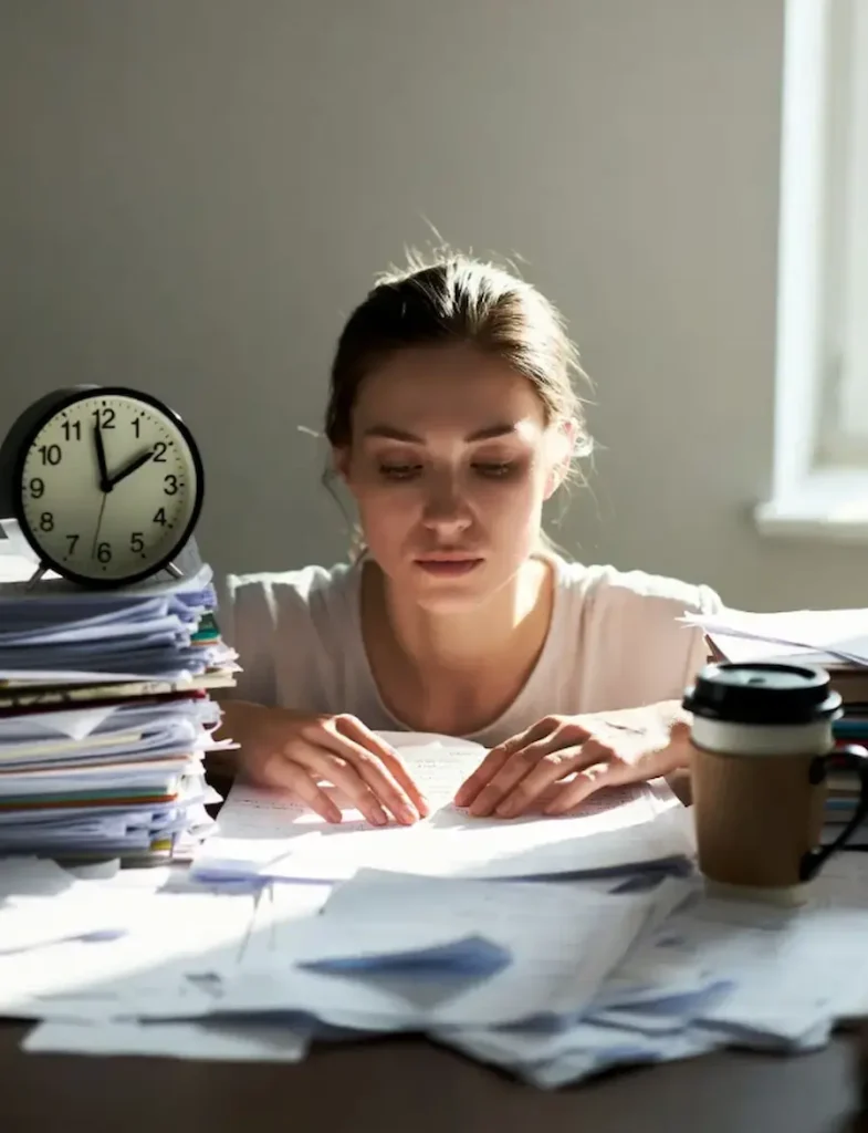 Mulher exausta em mesa de trabalho bagunçada com pilhas de papel, copo de café e relógio, representando a sobrecarga cognitiva.