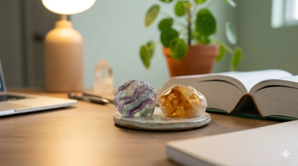 Close-up de cristais Fluorita e Citrino sobre mesa de madeira com livros de Direito