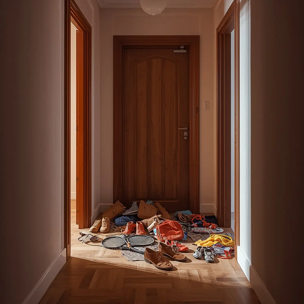 Hall de entrada de madeira com sapatos e objetos espalhados no chão bloqueando a passagem e a energia Chi.