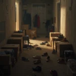 Entrada de casa bagunçada com caixas e sapatos, simbolizando o bloqueio de energia no Feng Shui.