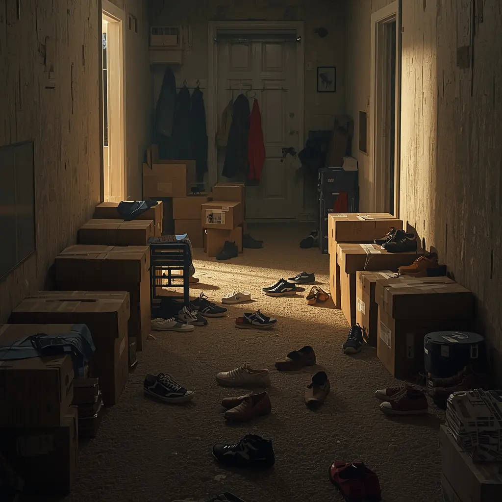 Entrada de casa bagunçada com caixas e sapatos, simbolizando o bloqueio de energia no Feng Shui.