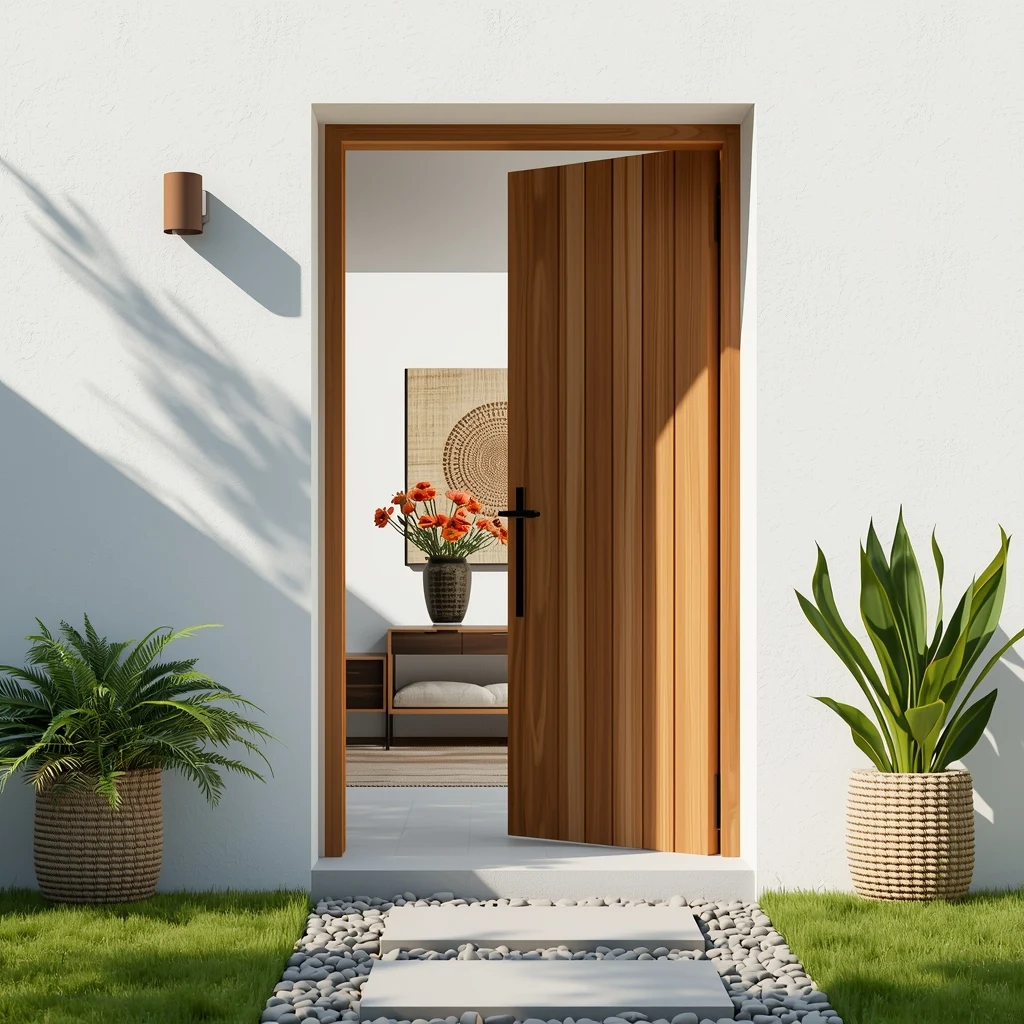 Exemplo de Entrada de casa no feng shui com porta de madeira entreaberta, iluminada pela luz do sol, seguindo princípios de Feng Shui. No exterior, caminho de pedras e plantas verdes; no interior, hall organizado com flores laranjas e decoração clean.