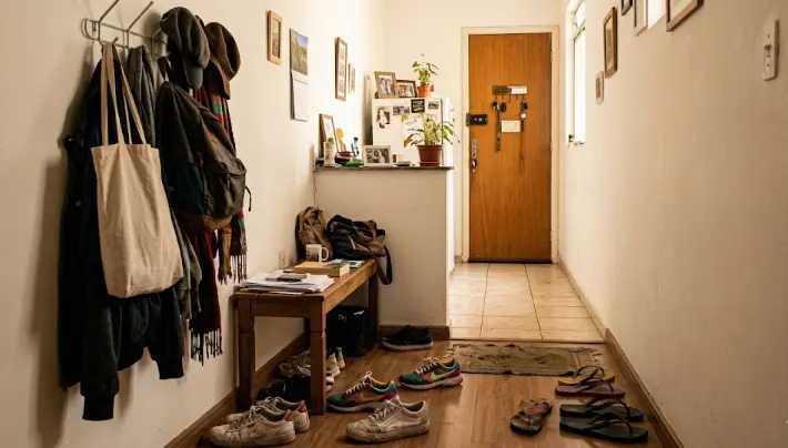 entrada de casa com sapatos espalhados e objetos acumulados próximos à porta