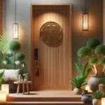 Entrada da casa no Feng Shui com porta de madeira entreaberta, iluminada pela luz do sol, seguindo princípios de Feng Shui. No exterior, caminho de pedras e plantas verdes; no interior, hall organizado com flores laranjas e decoração clean.