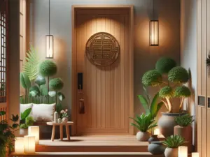 Entrada da casa no Feng Shui com porta de madeira entreaberta, iluminada pela luz do sol, seguindo princípios de Feng Shui. No exterior, caminho de pedras e plantas verdes; no interior, hall organizado com flores laranjas e decoração clean.