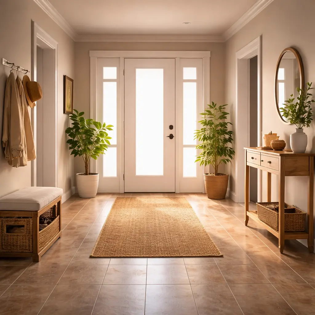 Entrada de casa organizada com plantas e decoração harmoniosa favorecendo o fluxo de energia positiva no Feng Shui