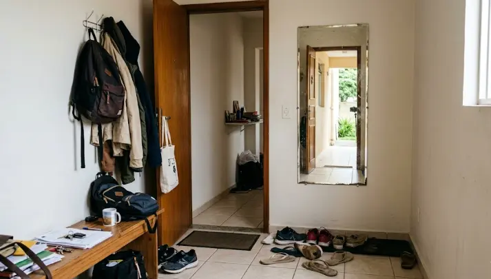 Espelho na entrada da casa refletindo a porta principal (objetos na entrada da casa).