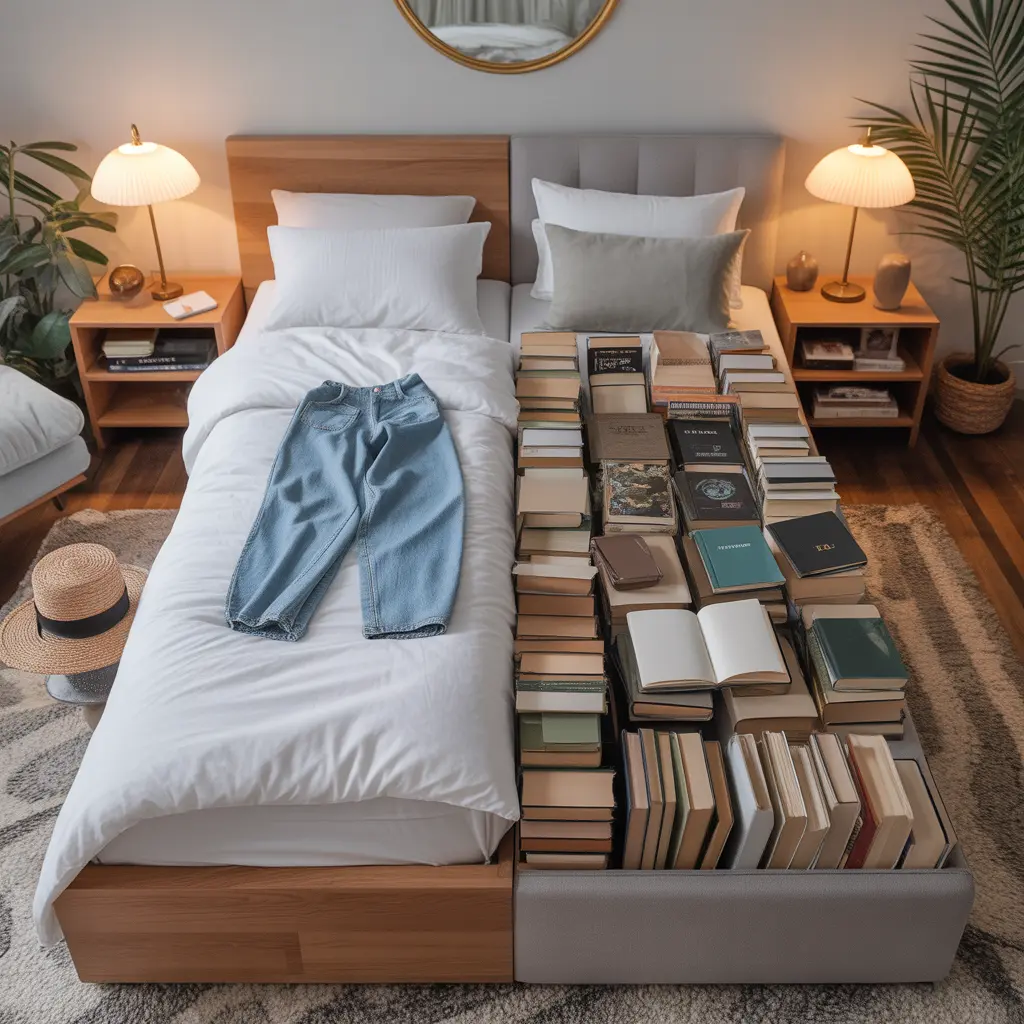 Cama de casal com um dos lados ocupado por pilhas de livros e roupas, ilustrando erro de Feng Shui que bloqueia a energia do amor.