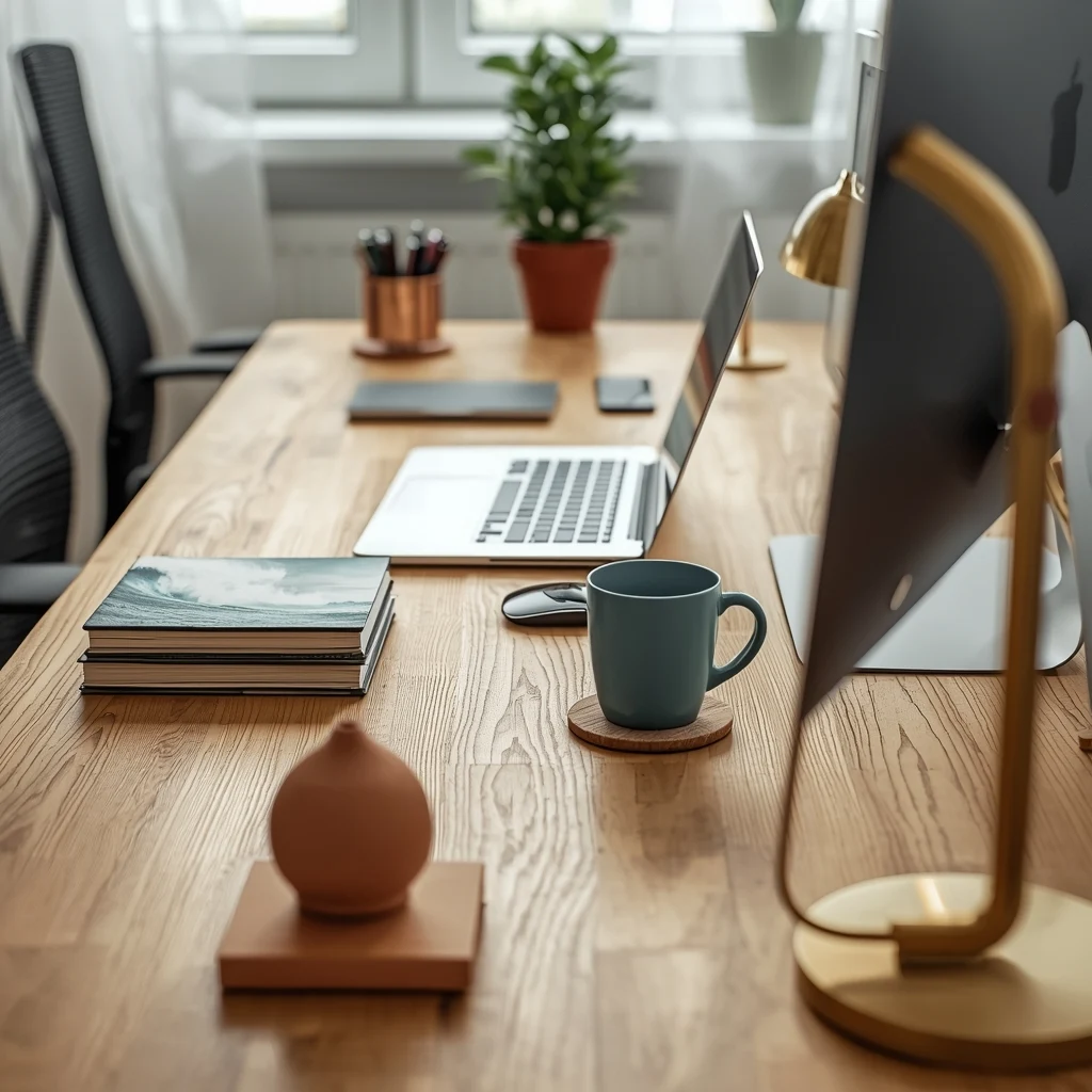 Close-up de uma mesa de trabalho de home office organizada com os cinco elementos do Feng Shui: planta (Madeira), luminária com luz quente (Fogo), cerâmica e livros (Terra), cobre (Metal) e tons de azul (Água), tudo posicionado para um único usuário.