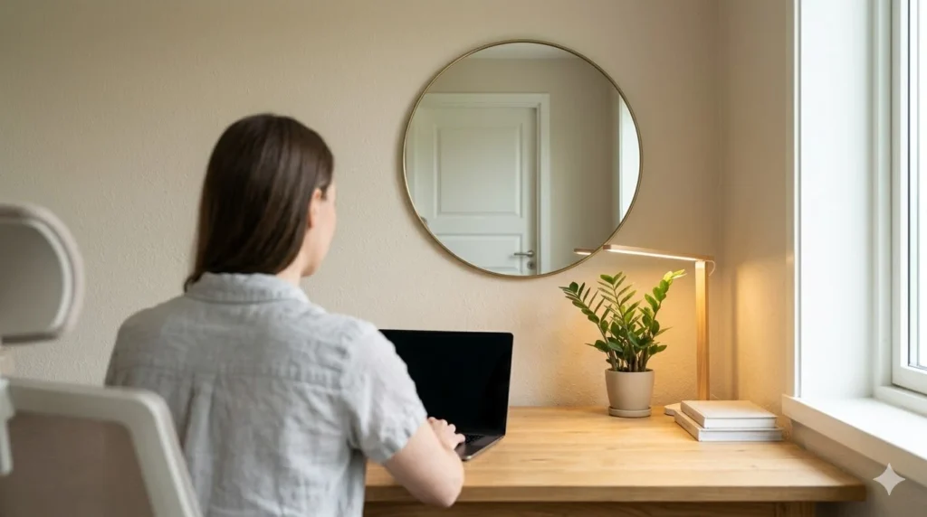 Um home office compacto com a mesa de madeira voltada para a parede, com um espelho circular elegante acima do monitor refletindo a porta atrás da pessoa, seguindo o Feng Shui para evitar o sobressalto.