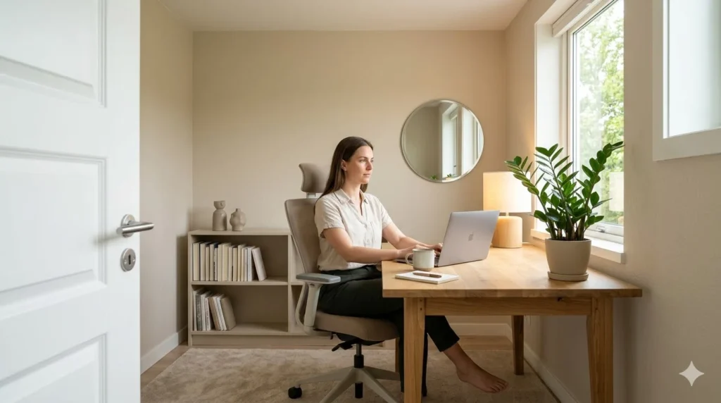 Escritório de home office organizado segundo o Feng Shui no trabalho, mostrando a mesa de madeira na posição de comando diagonal à porta e uma planta zamioculca sobre a mesa.