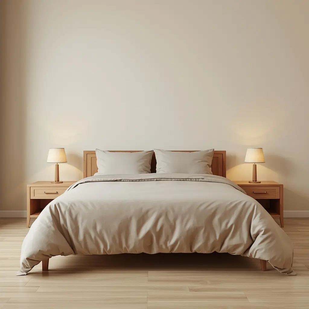 Quarto harmonizado com cama centralizada, dois criados-mudos idênticos e luminárias iguais seguindo a regra dos pares do Feng Shui.