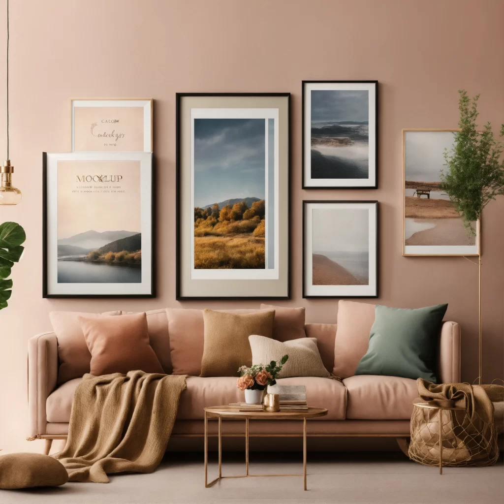 Sala de estar em apartamento pequeno com sofá bege, quadros na parede e decoração minimalista inspirada no Feng Shui para criar equilíbrio e sensação de amplitude.