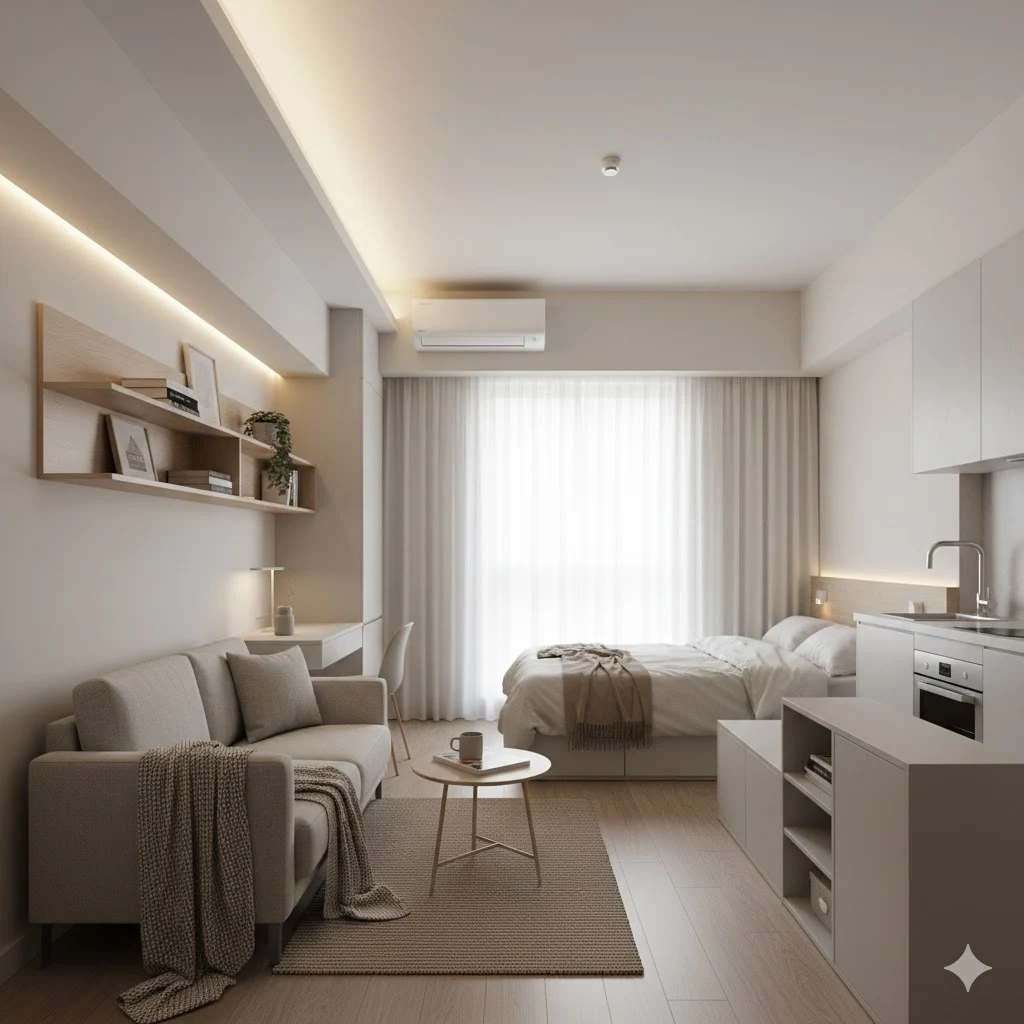 studio de apartamento pequeno com divisão de áreas de descanso e estar usando princípios de feng shui